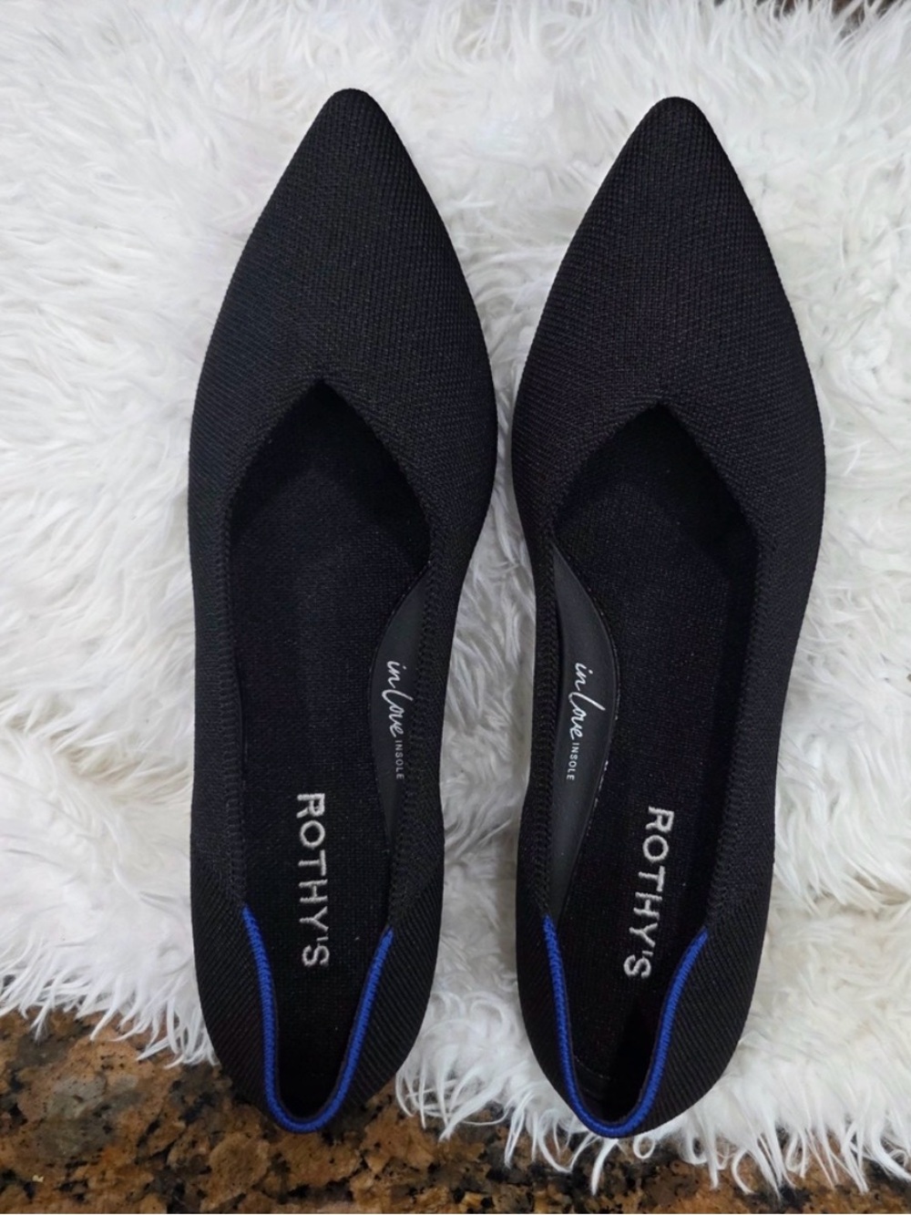 Rothy's Black The Point II Pointed Knit Flats with Blue Trim